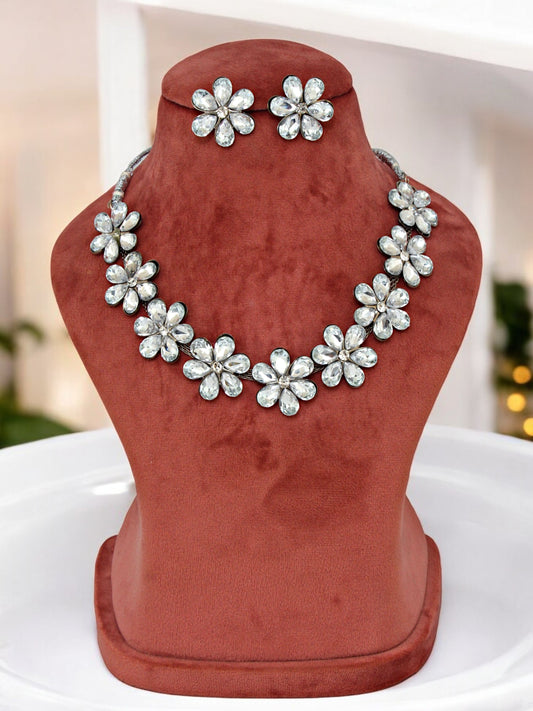 Trendy Unique Oxidised Silver-Plated Floral Choker Necklace with White Stone & Matching Earrings (158-TSO-2026-W)