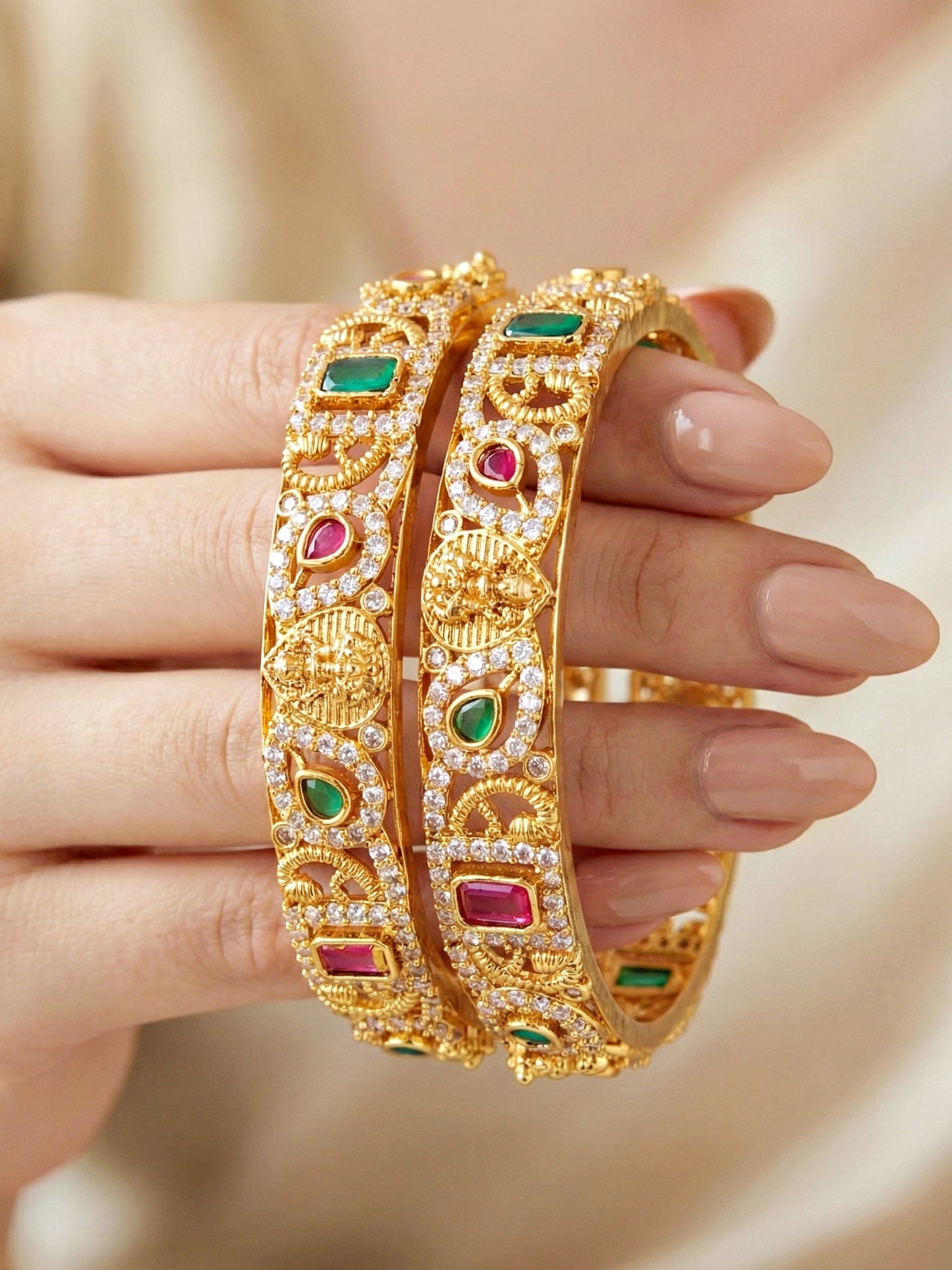Gold-Plated Laxmi Idol AD Pink Green Bangle (1599-C1BG-2225-2)