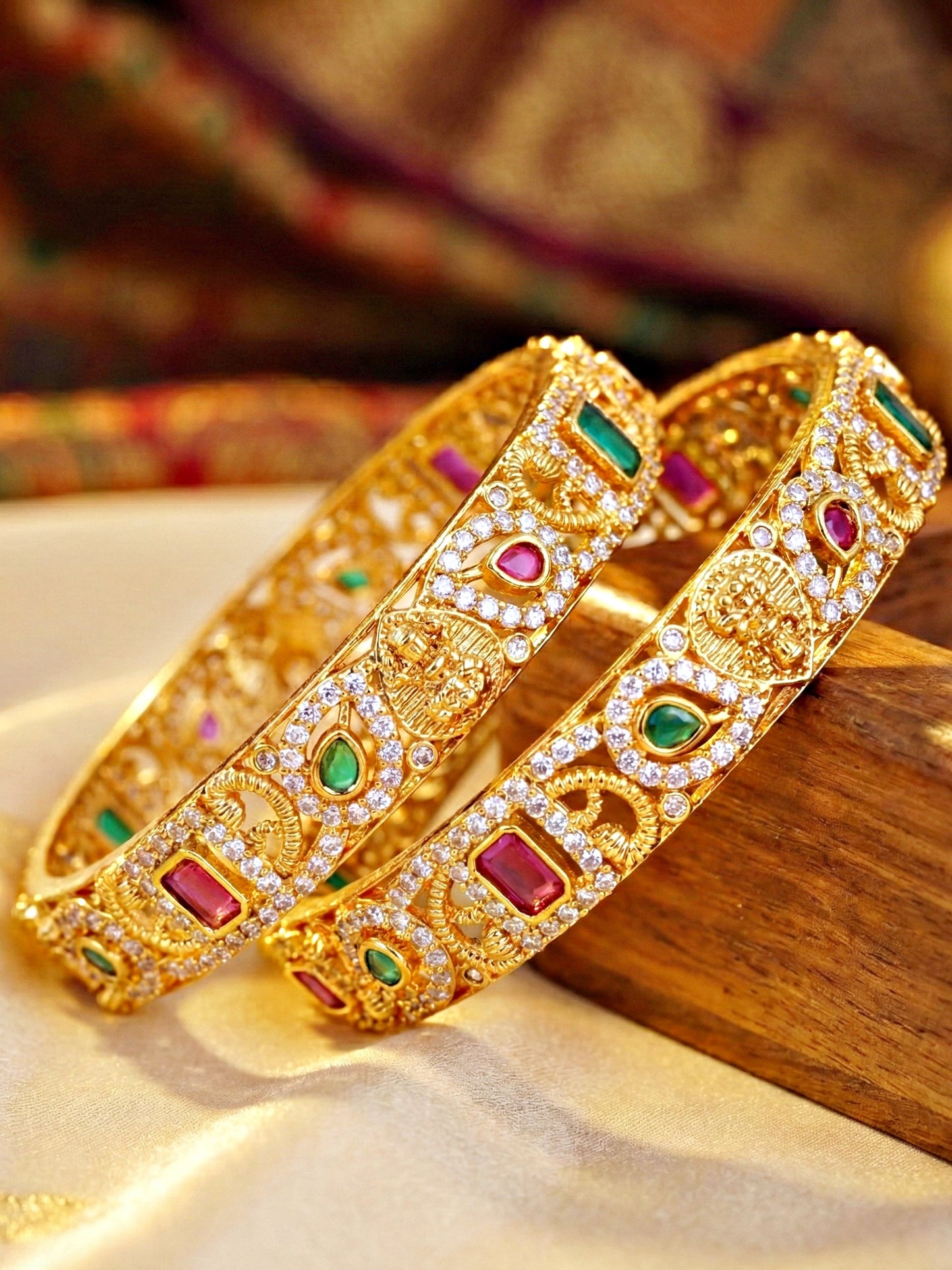 Gold-Plated Laxmi Idol AD Pink Green Bangle (1599-C1BG-2225-2)