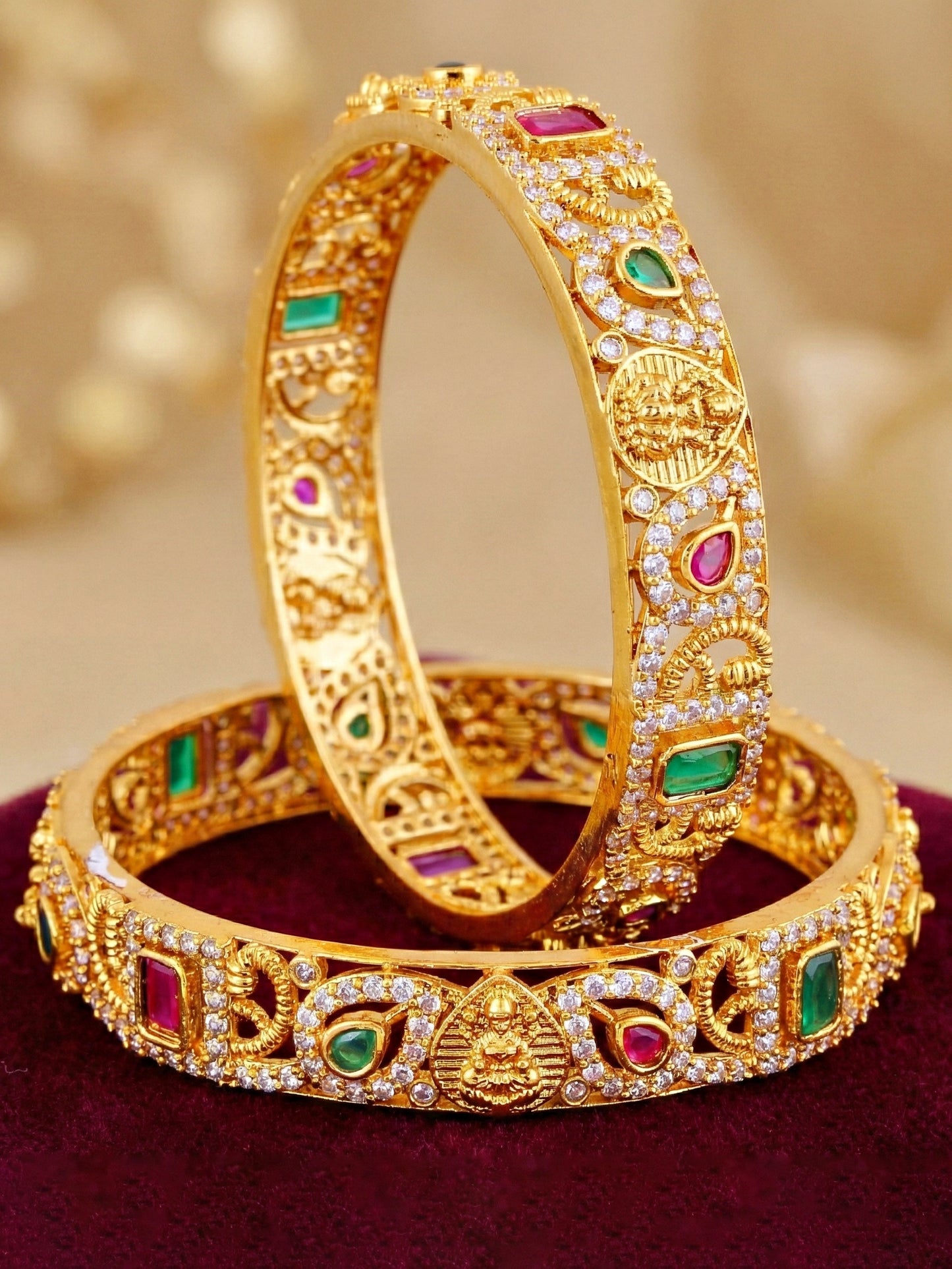 Gold-Plated Laxmi Idol AD Pink Green Bangle (1599-C1BG-2225-2)