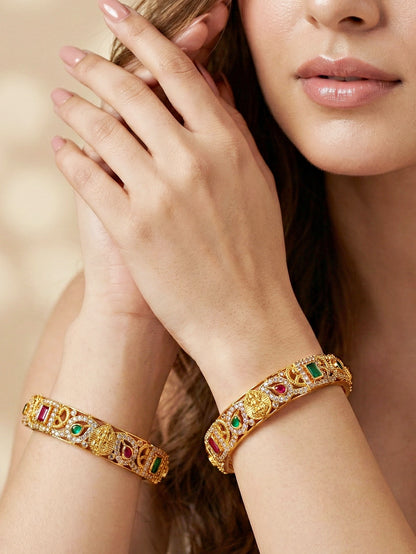 Gold-Plated Laxmi Idol AD Pink Green Bangle (1599-C1BG-2225-2)