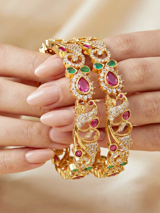 Gold-Plated Peacock AD Pink Green Bangle (1671-C1BG-2226-2)