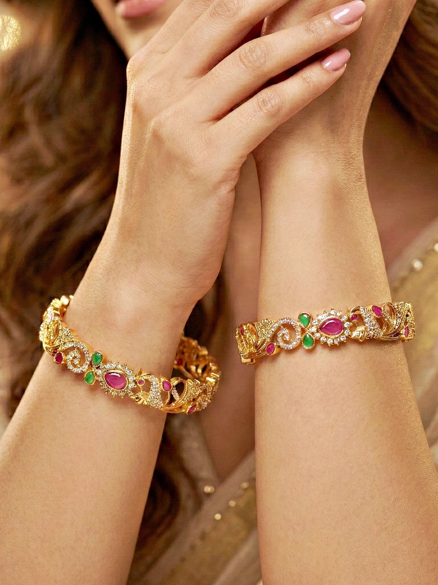 Gold-Plated Peacock AD Pink Green Bangle (1671-C1BG-2226-2)
