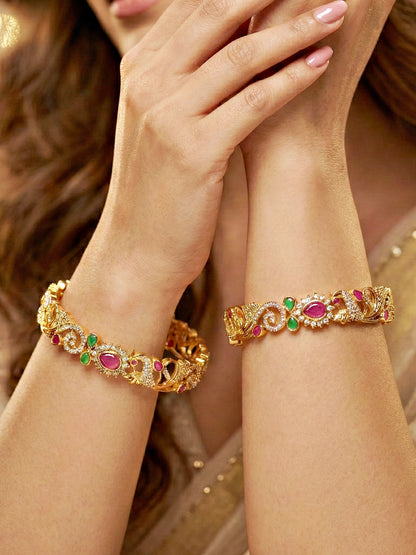 Gold-Plated Peacock AD Pink Green Bangle (1671-C1BG-2226-2)