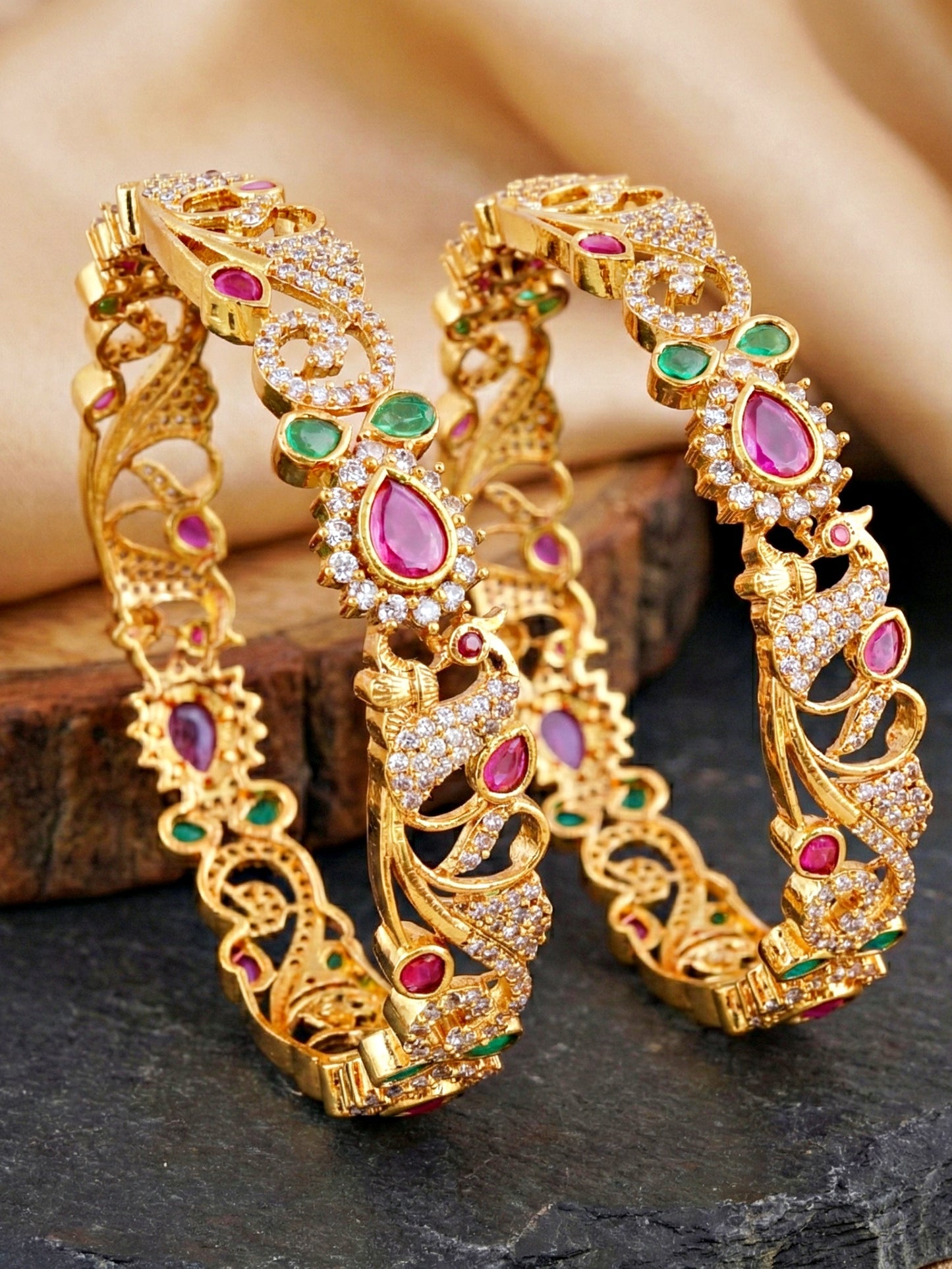 Gold-Plated Peacock AD Pink Green Bangle (1671-C1BG-2226-2)