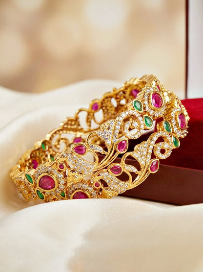 Gold-Plated Peacock AD Pink Green Bangle (1671-C1BG-2226-2)