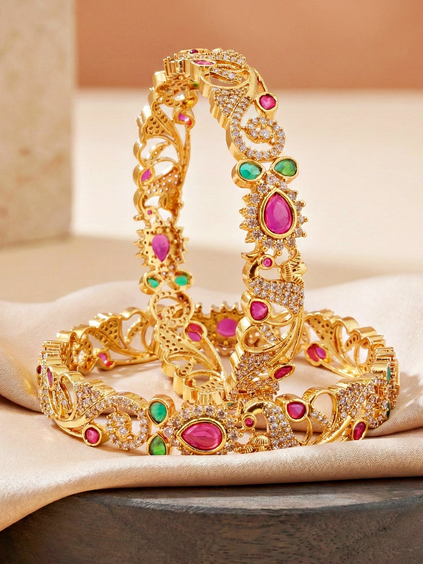 Gold-Plated Peacock AD Pink Green Bangle (1671-C1BG-2226-2)