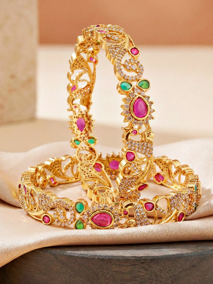 Gold-Plated Peacock AD Pink Green Bangle (1671-C1BG-2226-2)