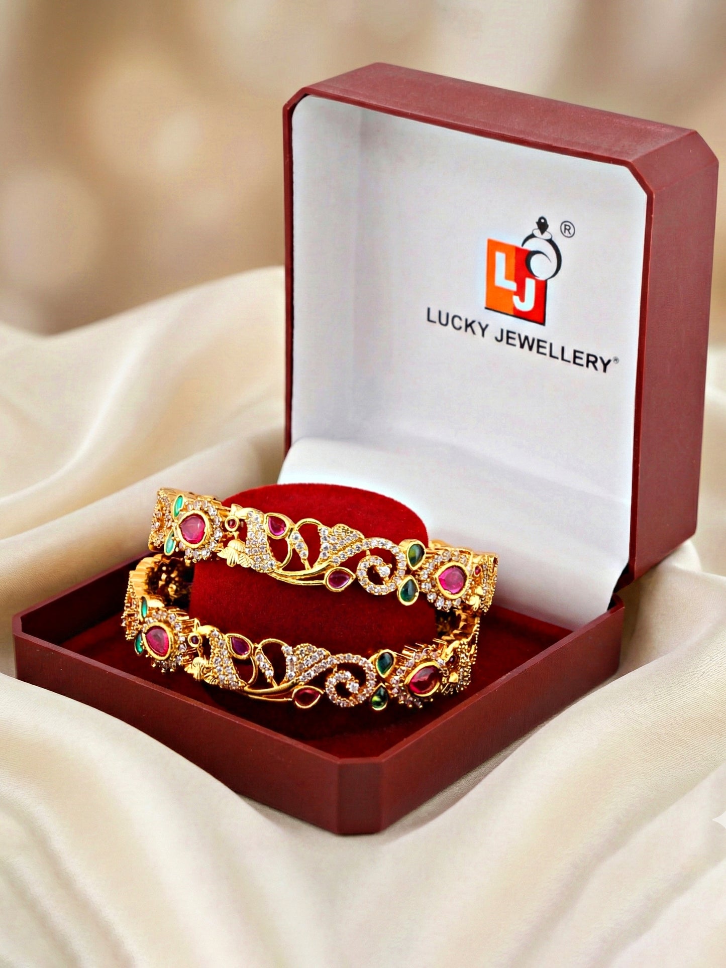 Gold-Plated Peacock AD Pink Green Bangle (1671-C1BG-2226-2)