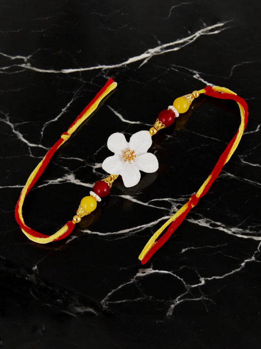 Lucky Jewellery Designer White Color Floral Rakhi - Rakshabandhan Rakhee Bracelet for Brother/Bhaiya/Bhai/Bhabhi - Pack of 4 (170-CHR1-1211-W-4)