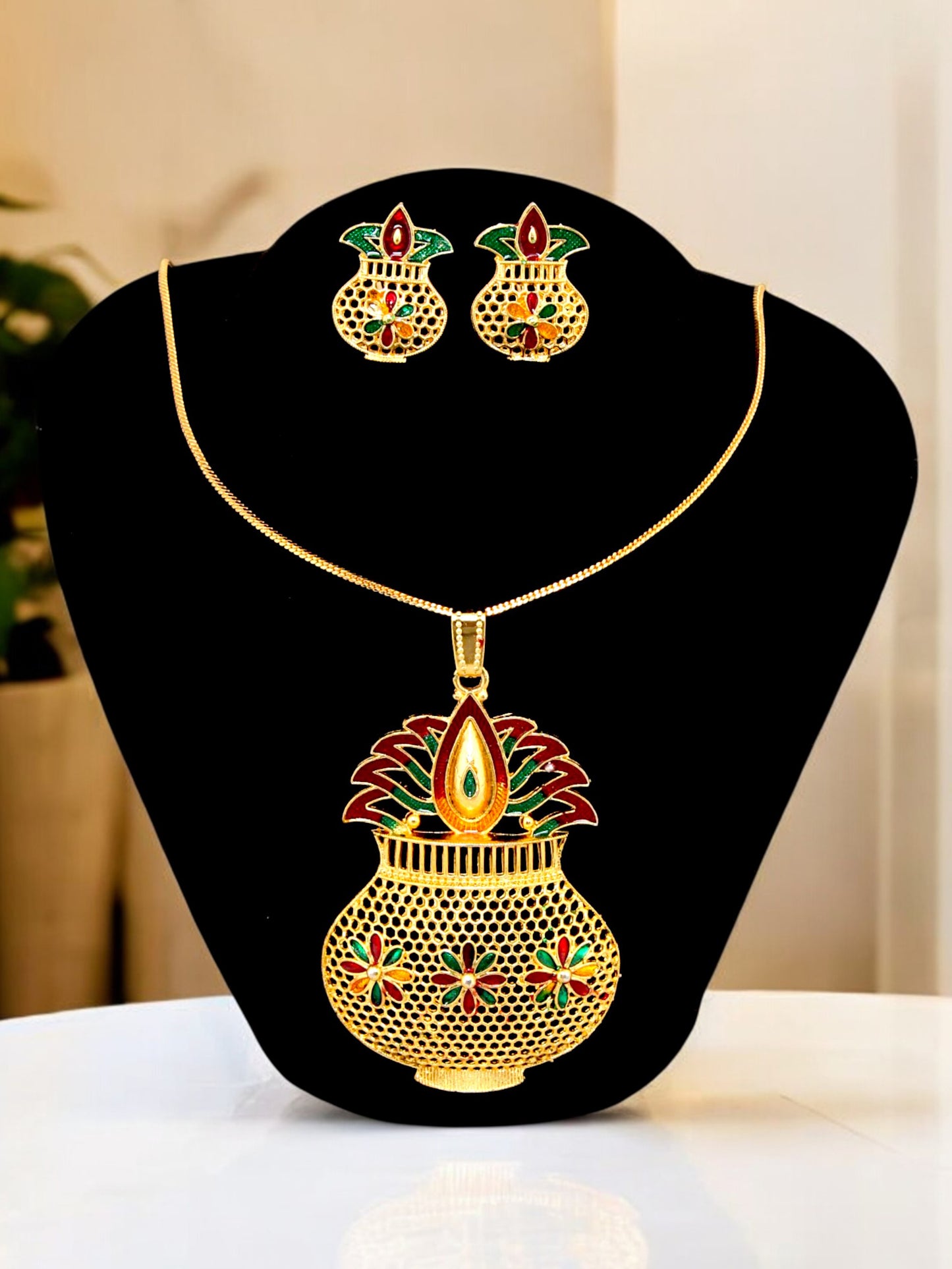 18K Gold-Plated Locket Chain with Earrings Meenakari Pendant Set (174-M7L1G-2058)