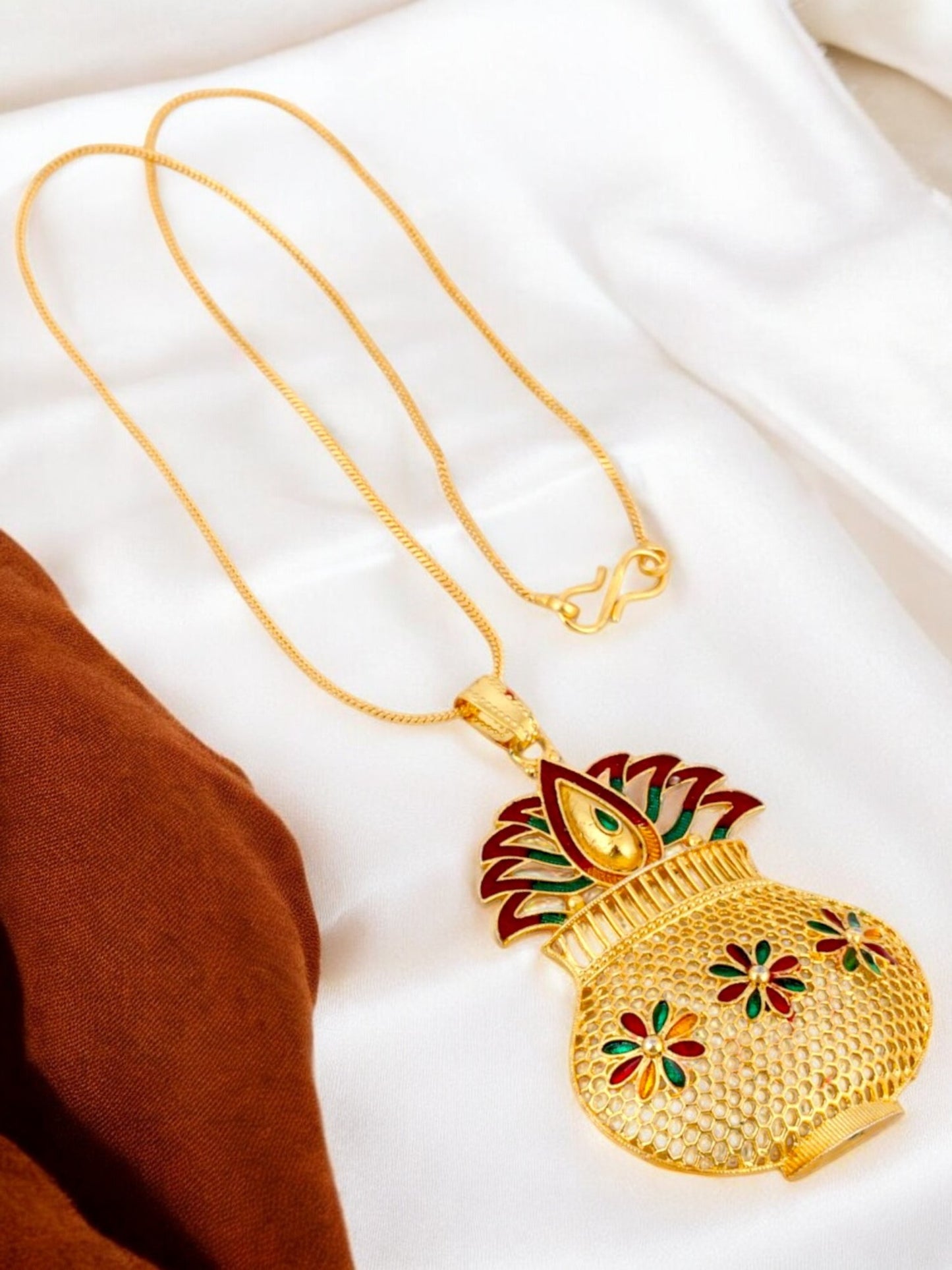 18K Gold-Plated Locket Chain with Earrings Meenakari Pendant Set (174-M7L1G-2058)