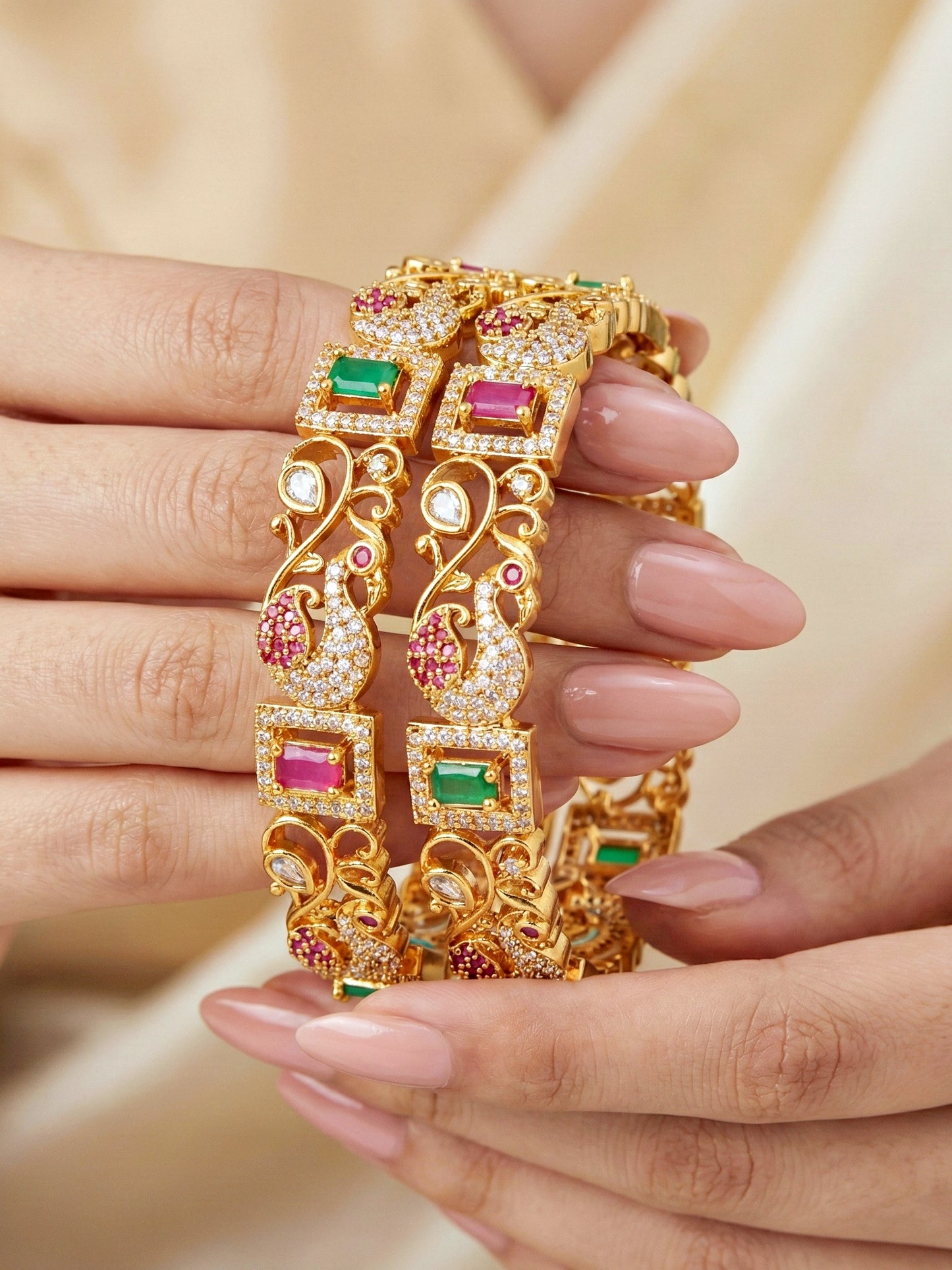 Gold-Plated Peacock AD Pink Green Bangle (1817-C1BG-2227-2)