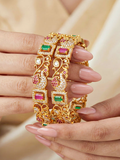 Gold-Plated Peacock AD Pink Green Bangle (1817-C1BG-2227-2)