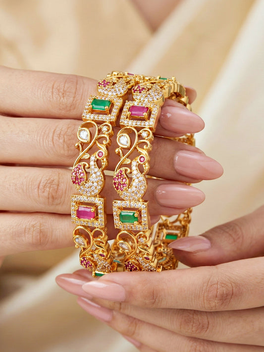 Gold-Plated Peacock AD Pink Green Bangle (1817-C1BG-2227-2)