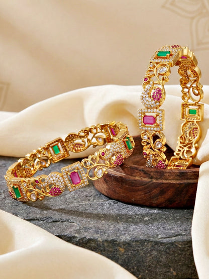 Gold-Plated Peacock AD Pink Green Bangle (1817-C1BG-2227-2)