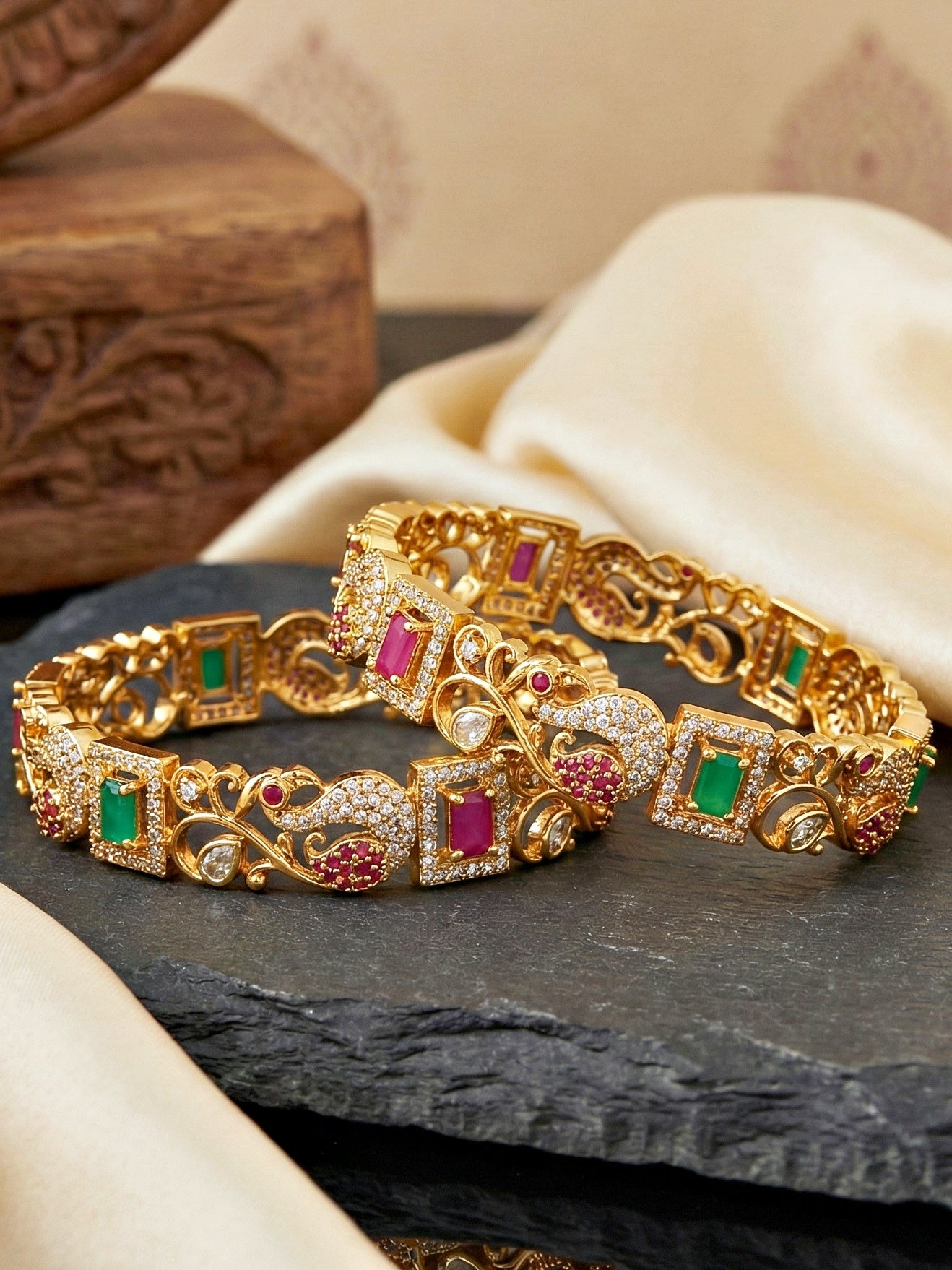 Gold-Plated Peacock AD Pink Green Bangle (1817-C1BG-2227-2)