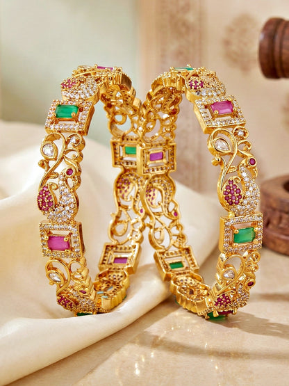 Gold-Plated Peacock AD Pink Green Bangle (1817-C1BG-2227-2)
