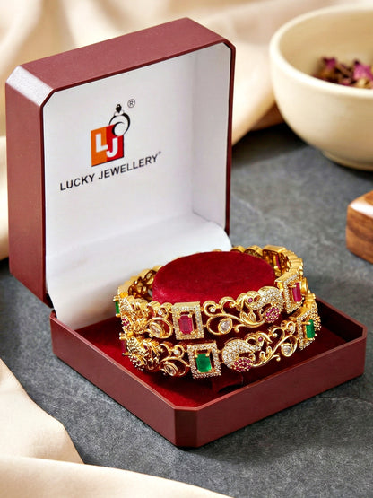 Gold-Plated Peacock AD Pink Green Bangle (1817-C1BG-2227-2)