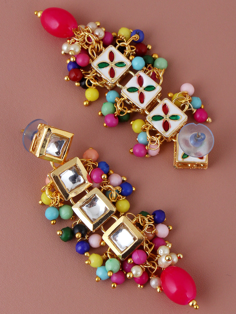 Traditional Back Meenkari Gold Plated uncut kundan Multi Earrings