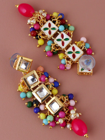 Traditional Back Meenkari Gold Plated uncut kundan Multi Earrings