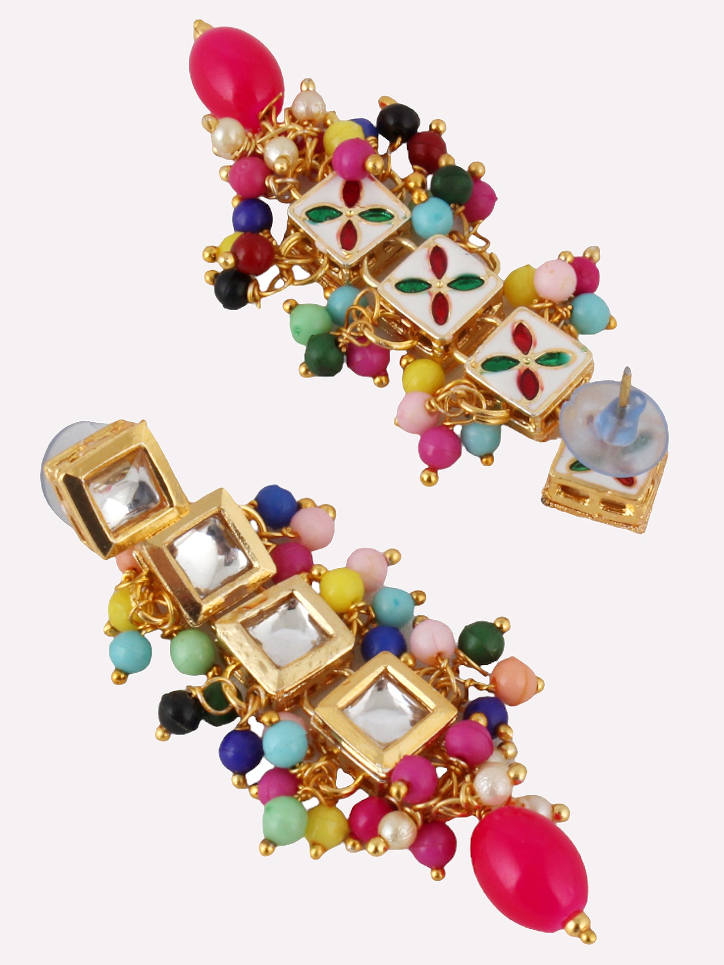 Traditional Back Meenkari Gold Plated uncut kundan Multi Earrings