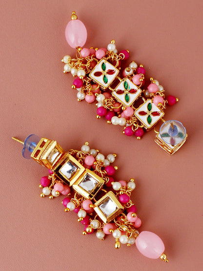 Traditional Back Meenkari Gold Plated uncut kundan Magenta Pink Earrings