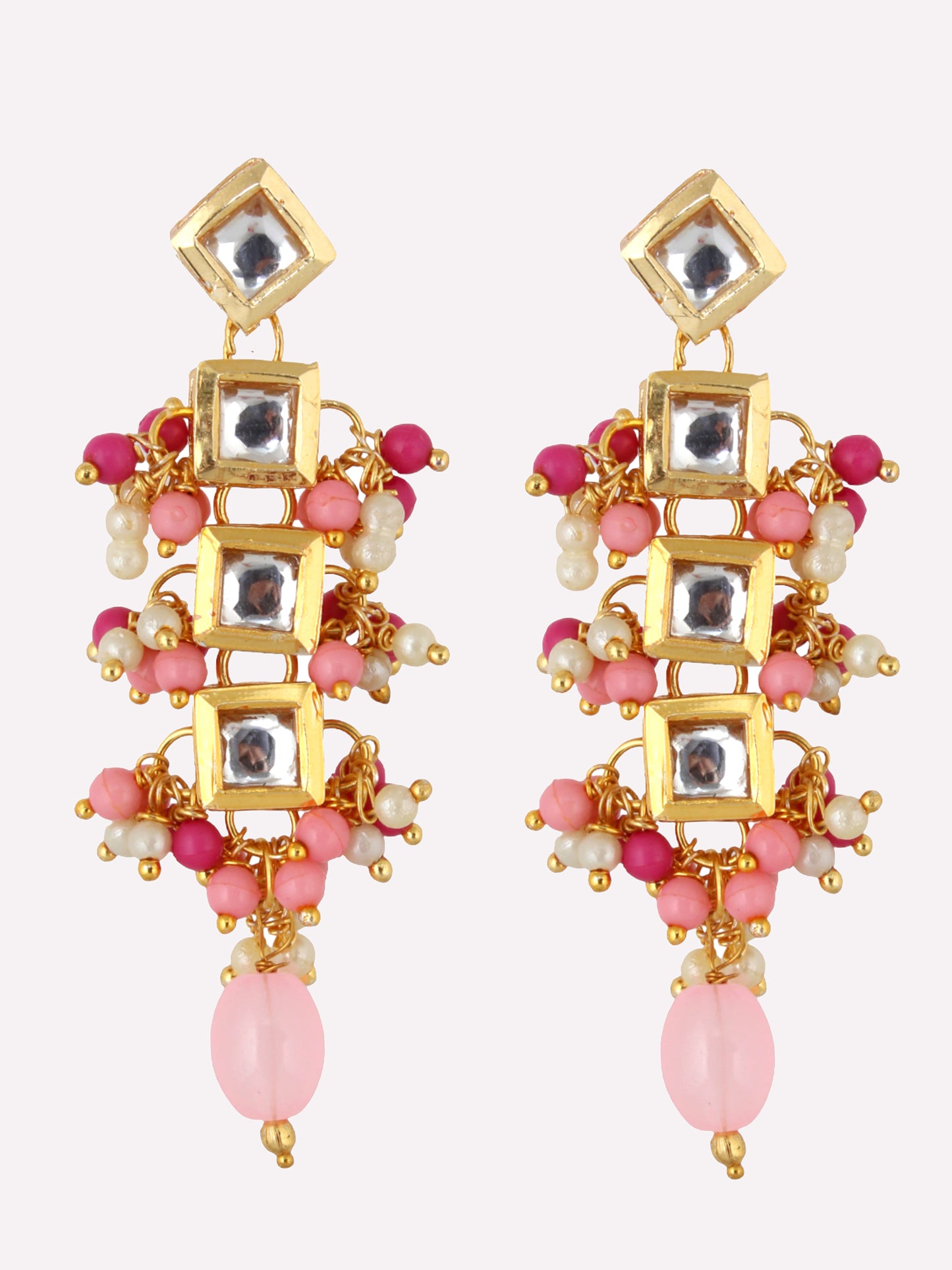 Traditional Back Meenkari Gold Plated uncut kundan Magenta Pink Earrings