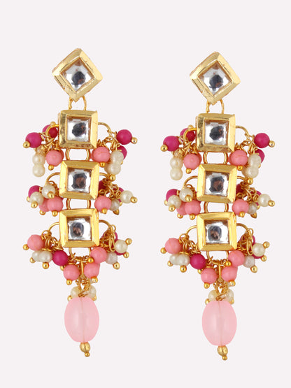Traditional Back Meenkari Gold Plated uncut kundan Magenta Pink Earrings