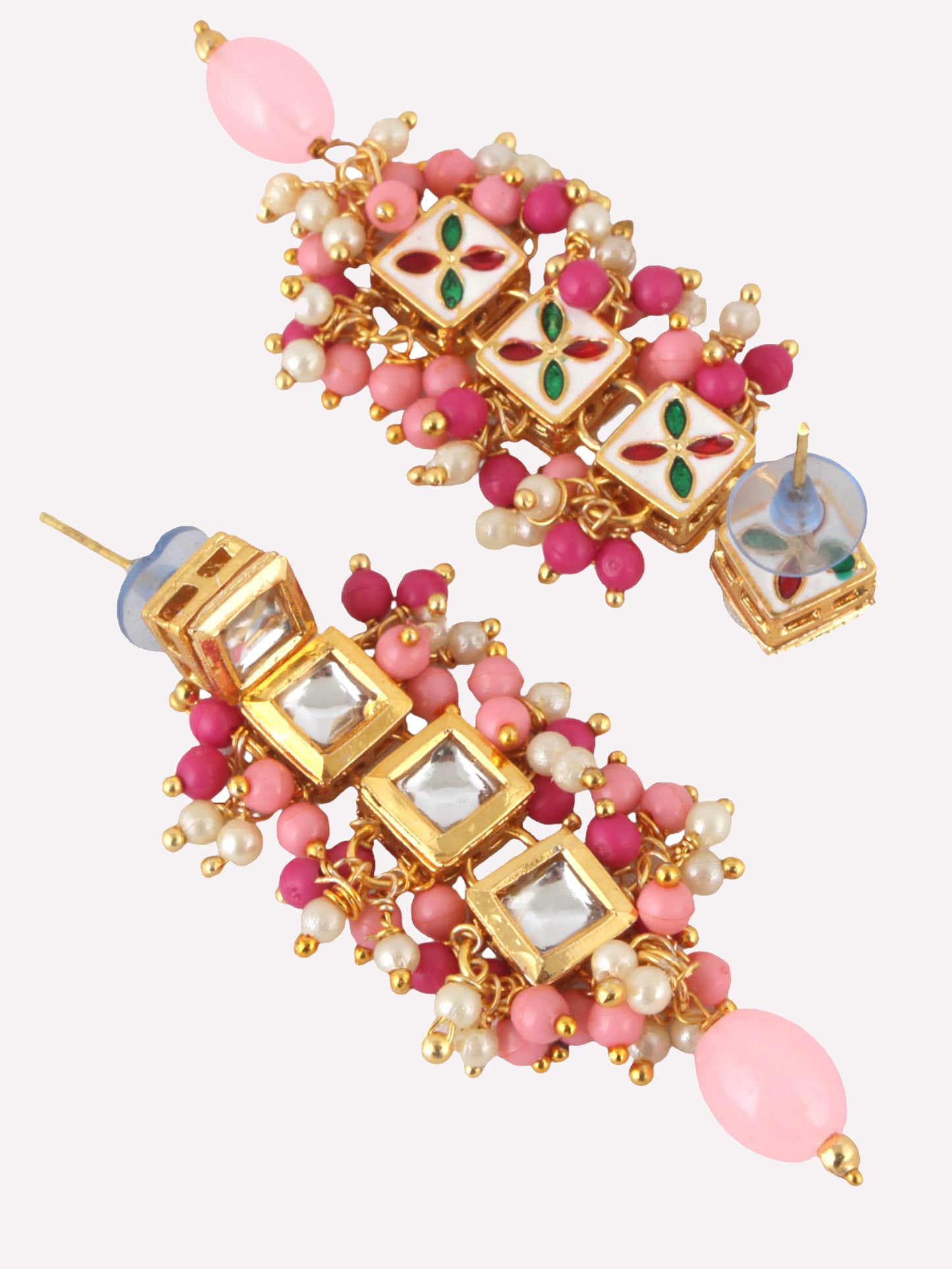 Traditional Back Meenkari Gold Plated uncut kundan Magenta Pink Earrings