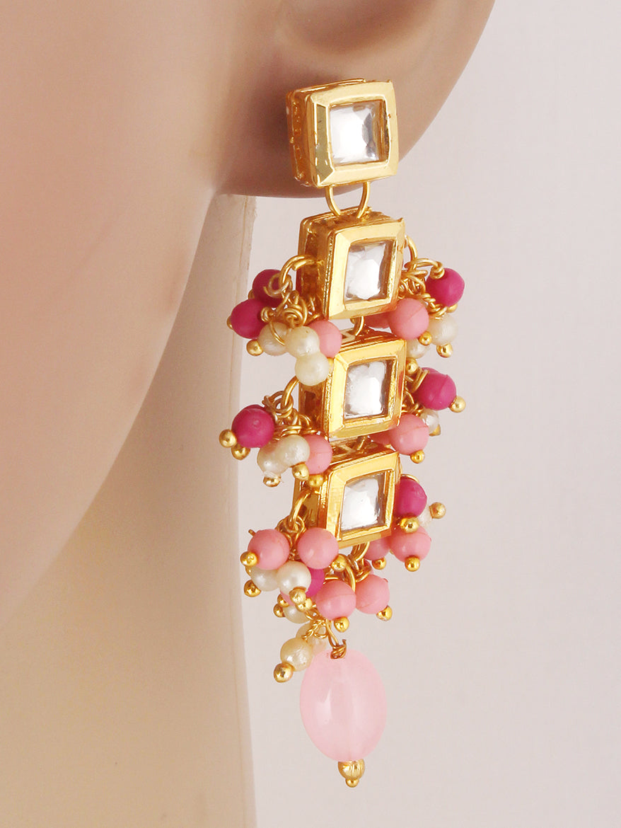 Traditional Back Meenkari Gold Plated uncut kundan Magenta Pink Earrings