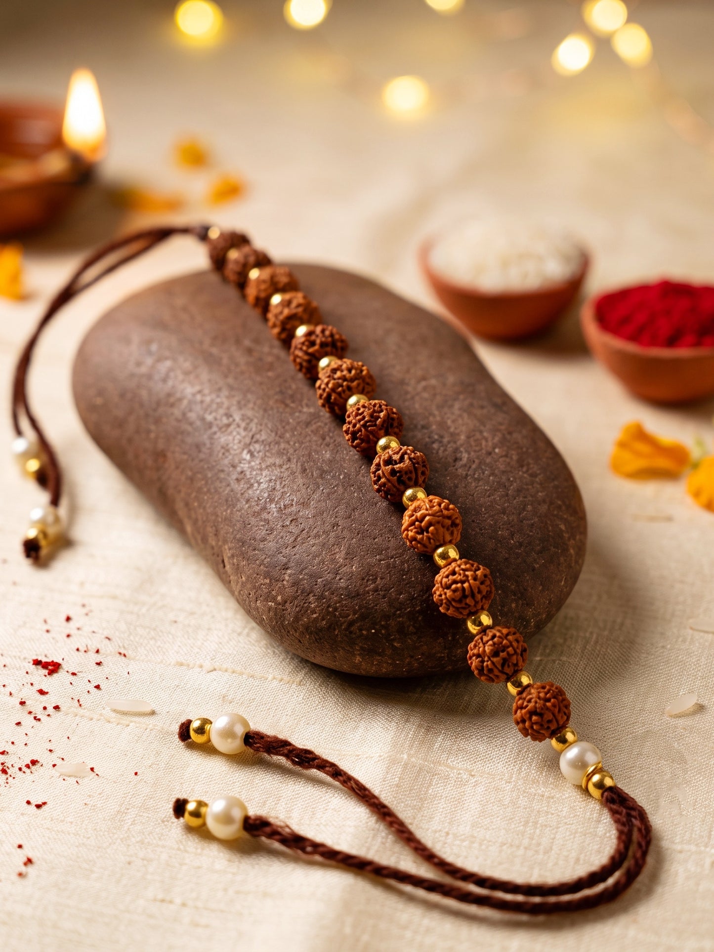 Traditional Rudraksha Rakhi for Brother with Gold, Warm Beads, Roli Chawal & Card (102-RRR1-1987-1-2026)