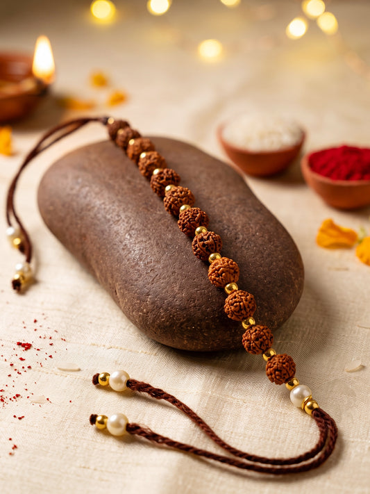Traditional Rudraksha Rakhi for Brother with Gold, Warm Beads, Roli Chawal & Card (102-RRR1-1987-1-2026)
