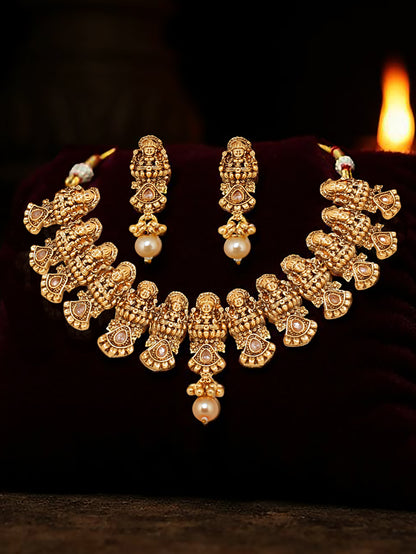 Gold Plated Temple Jewellery Goddess Lakshmi Design Necklace with Earrings