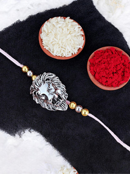 Lucky Jewellery Designer Oxidised Silver Rakhi - Rakshabandhan Lion Design Rakhee Bracelet for Brother/Bhaiya/Bhai/Bhabhi - Pack of 1 (140-CHR1-1175-S-1)
