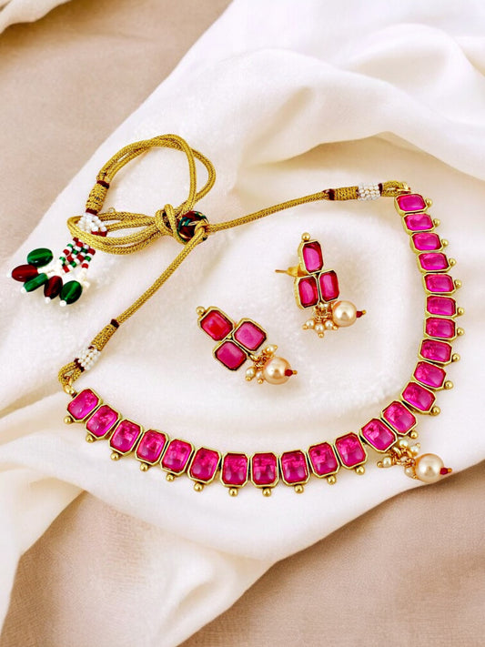 Gold Plated Magenta Color Choker Necklace Set with Earrings for Women & Girls