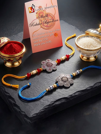 Set of 2 Floral Pendant Rakhi for Brother with Maroon & Blue Beads, Roli Chawal & Card (108-CHR1-1967-S-2-2026)