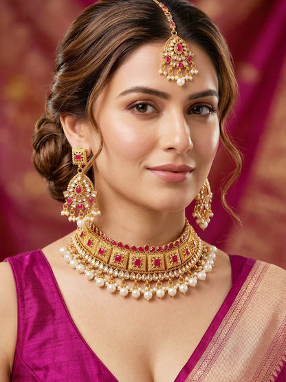 Lucky Jewellery Gold-Plated Ruby Color Choker Necklace Set (866-G2SR-006-R)