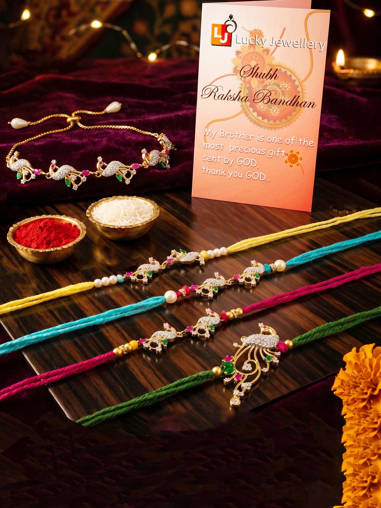 Set of 5 Designer Gold-Toned Peacock Rakhi Set for Brother & Bhabhi, Roli, Chawal & Card (680-P4R1-1544-5-2026)