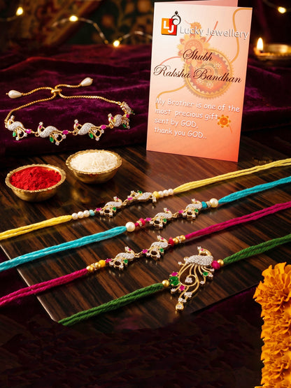 Set of 5 Designer Gold-Toned Peacock Rakhi Set for Brother & Bhabhi, Roli, Chawal & Card (680-P4R1-1544-5-2026)