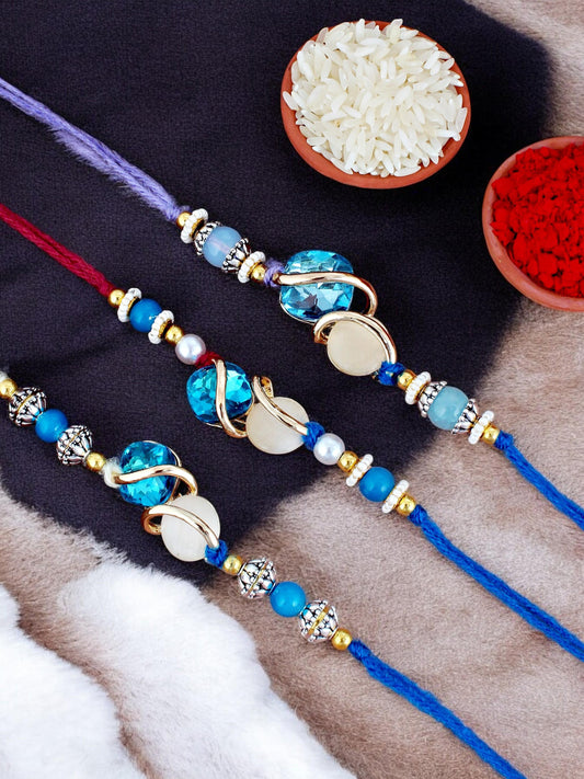 Lucky Jewellery Designer Gold Plated Blue Color Stone Rakhi - Rakshabandhan Rakhee Bracelet for Brother Bhaiya Bhai Bhabhi - Pack of 3 (300-CHR1-1002A-3)