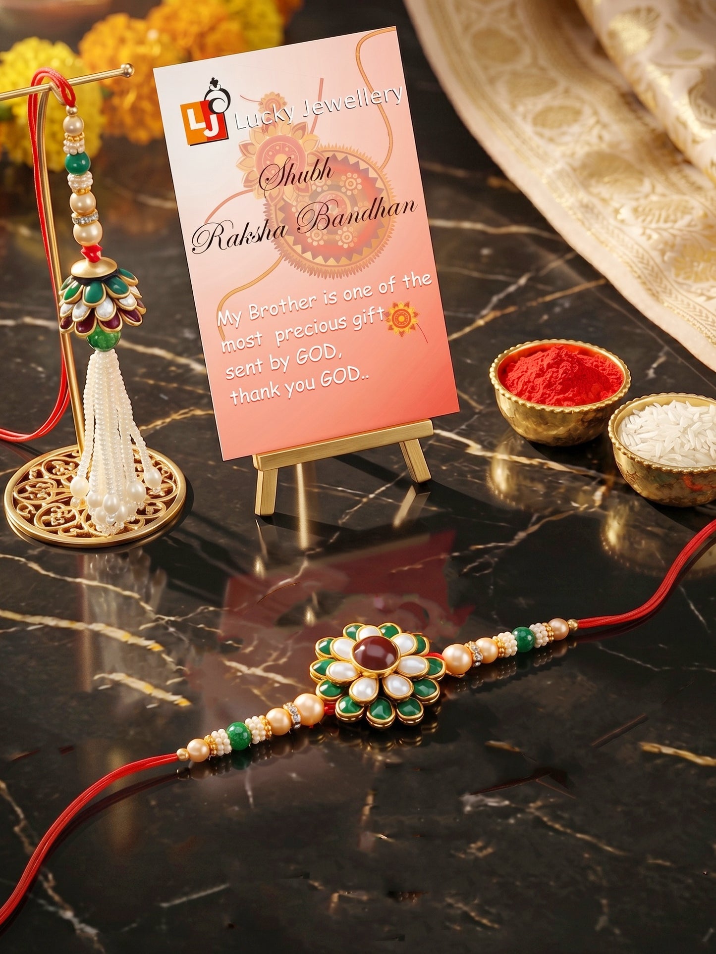 Set of 2 Bhaiya Bhabhi Rakhi Set with Floral Pendant, Maroon Stones & Beads, Tassel Lumba (173-JPCR1-1858-MG-2-2026)
