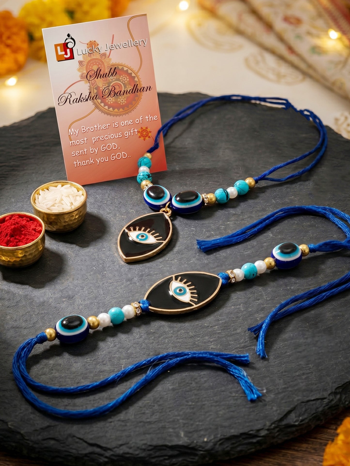 Set of 2 Bhaiya Bhabhi Rakhi Set with Small Evil Eye Pendant, Turquoise & Black Beads, Roli Chawal (194-CHCR1-1984-S-2-2026)