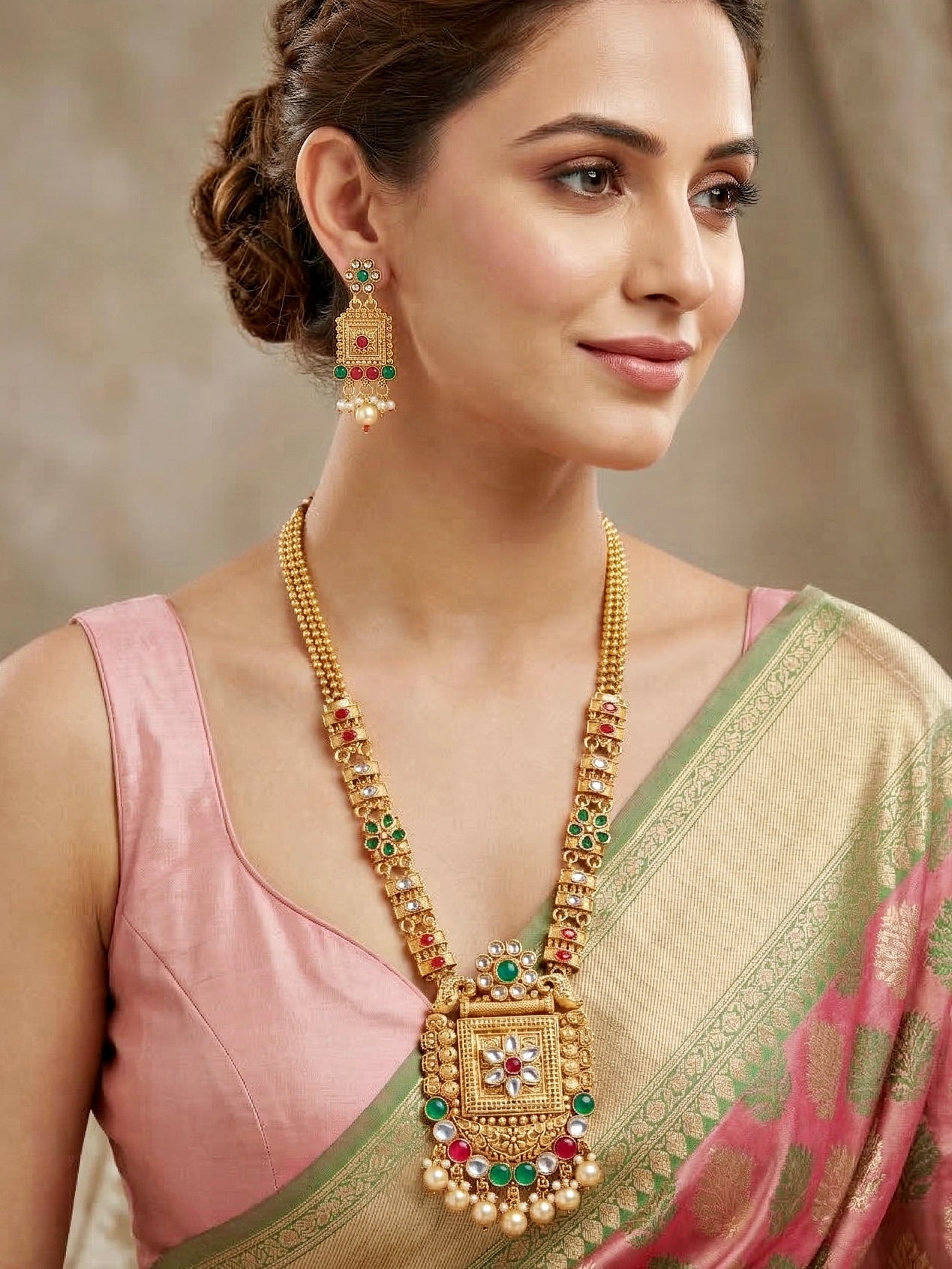 Lucky Jewellery Gold-Plated Ruby & Green Color Long Necklace Set (732-G2SR-192-RG)