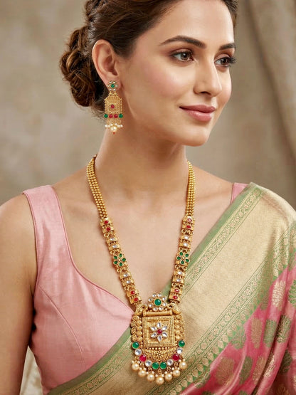 Lucky Jewellery Gold-Plated Ruby & Green Color Long Necklace Set (732-G2SR-192-RG)