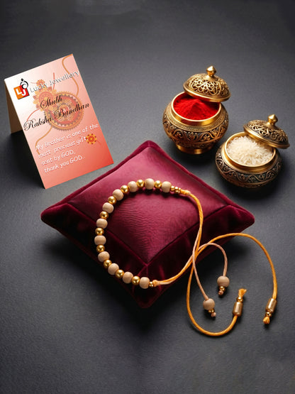 Traditional Tulsi Beads Rakhi for Brother with Gold Accents, Roli Chawal & Card (66-TUR1-1988-1-2026)