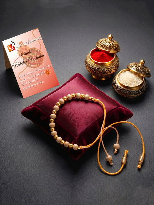 Traditional Tulsi Beads Rakhi for Brother with Gold Accents, Roli Chawal & Card (66-TUR1-1988-1-2026)