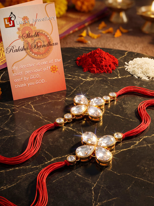 LUCKY JEWELLERY Traditional Rakhi for Brother/Bhaiya – Gold Plated Red Thread Rakshabandhan Rakhie White Stones for Bhai/Bhabhi (Pack of 2) – Fancy Rakhee Bracelet Rakshasutra (159-L1R1-12-W-2-2026)