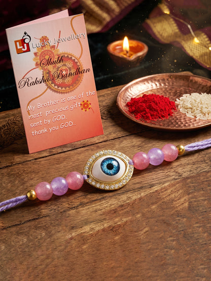 Evil Eye Rakhi for Brother. Protective Charm with Pastel Beads, Roli, Chawal & Card (265-CHR1-1191-P-1-2026)
