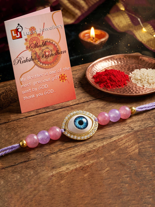 Evil Eye Rakhi for Brother. Protective Charm with Pastel Beads, Roli, Chawal & Card (265-CHR1-1191-P-1-2026)